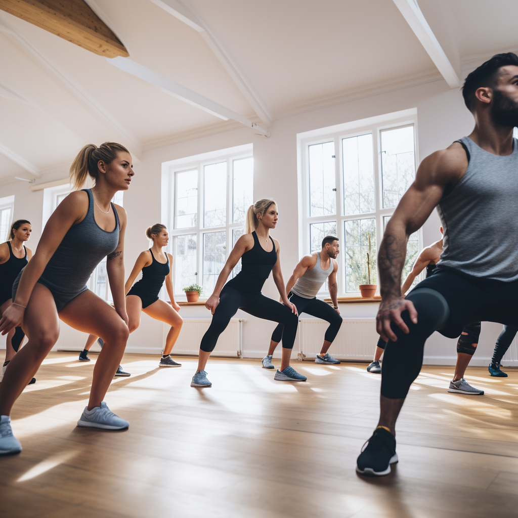 Group fitness HIIT class in a bright studio