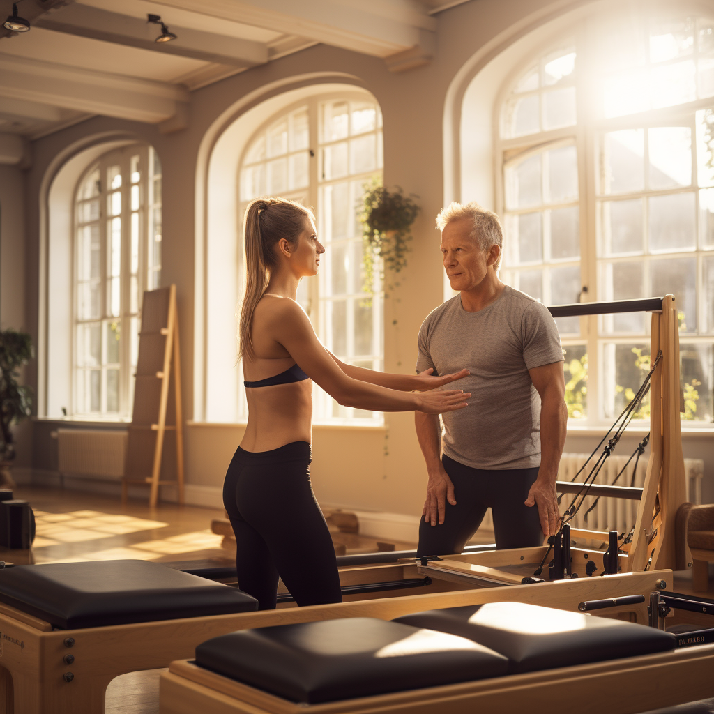 Pilates instructor coaching a client on a reformer
