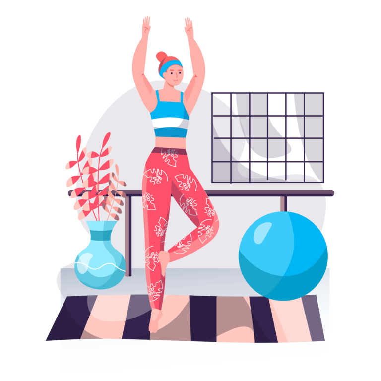 Illustration of a fitness instructor stretching in a studio