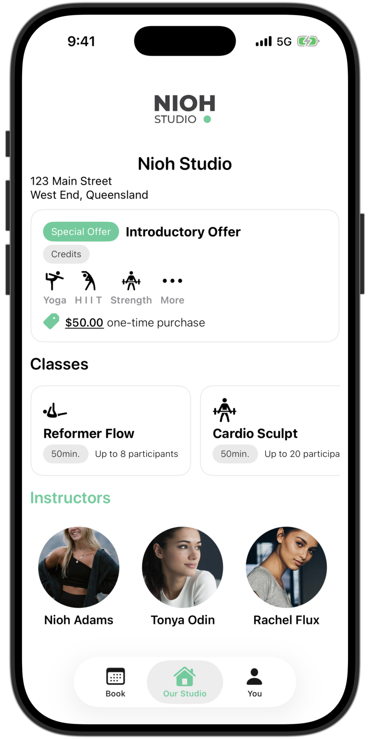 Clovo iOS booking app — studio profile screen