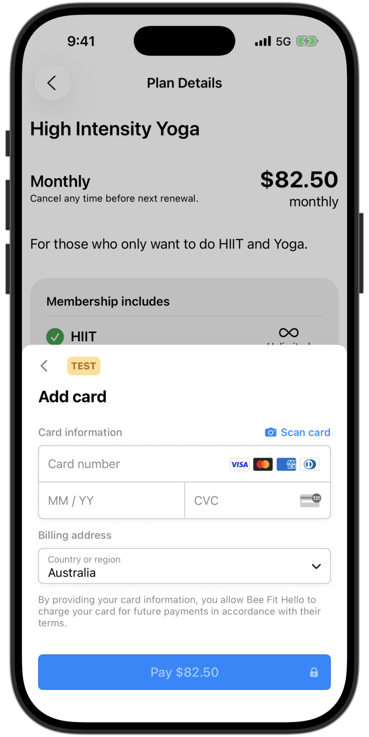 Clovo iOS booking app — class booking screen