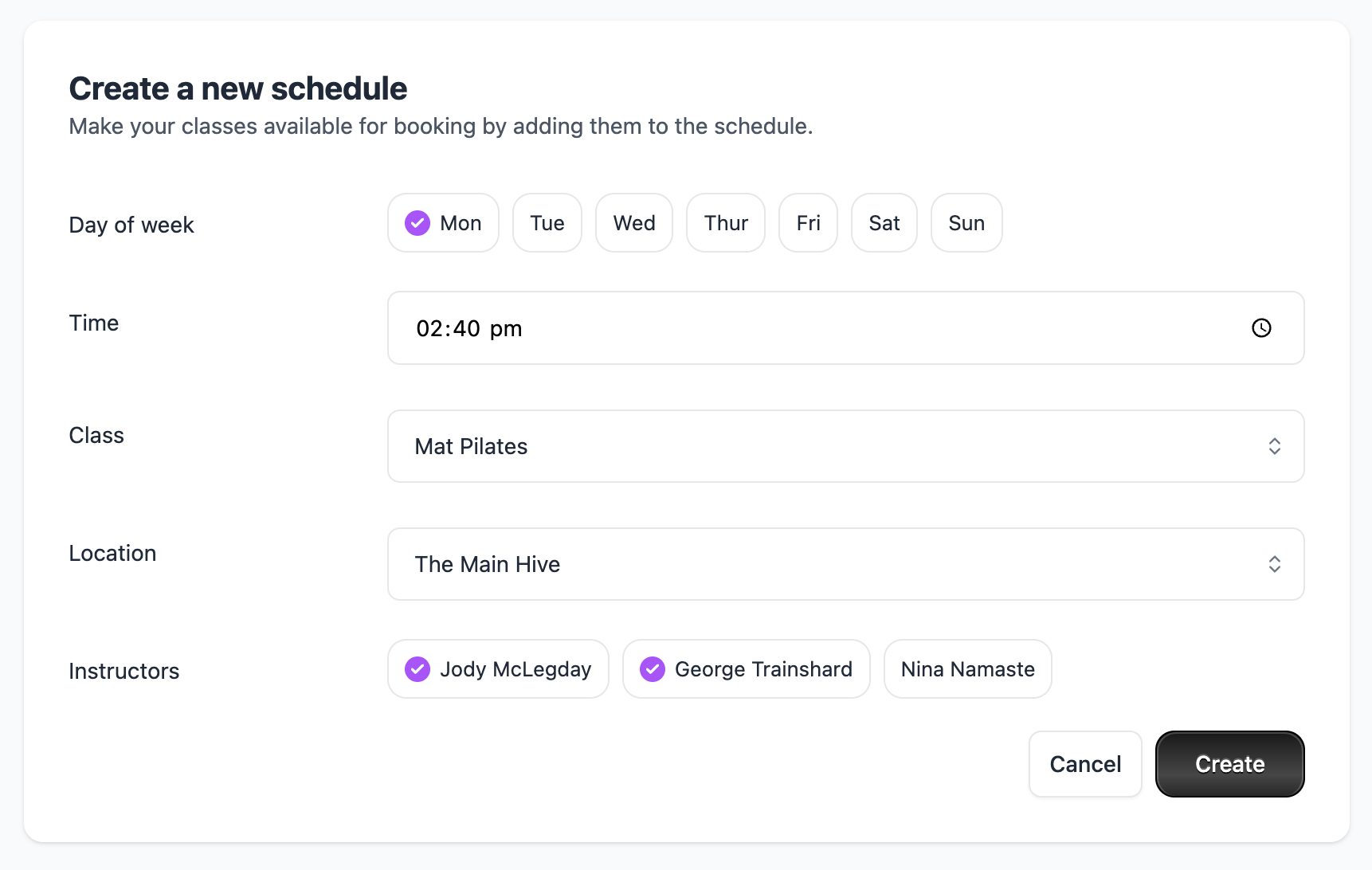 Clovo dashboard create new class schedule screen