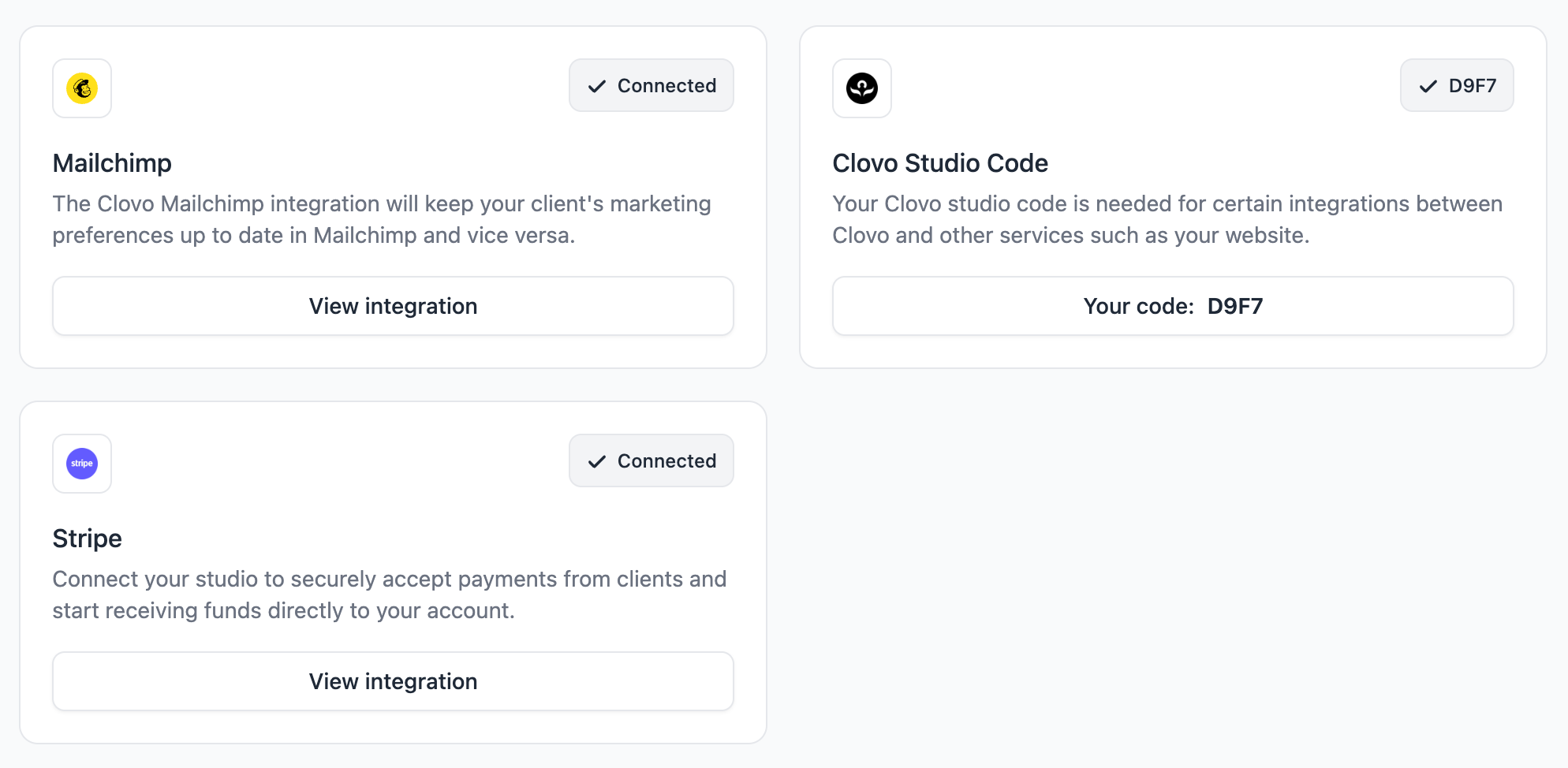 Clovo dashboard integrations settings screen
