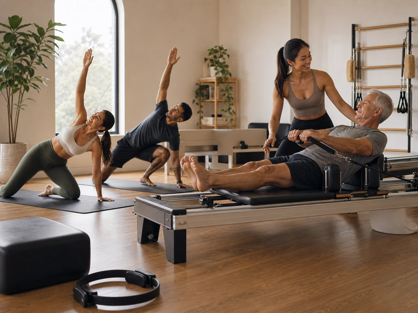 Yoga and Pilates instructor coaching a multicultural class in a bright studio