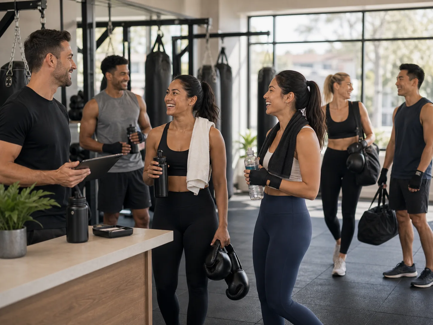 Happy boxercise clients chatting after class with gloves and water bottles