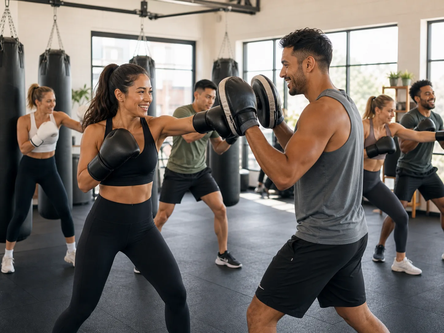 Happy multicultural boxercise class using boxing gloves and pads in a bright Australian studio