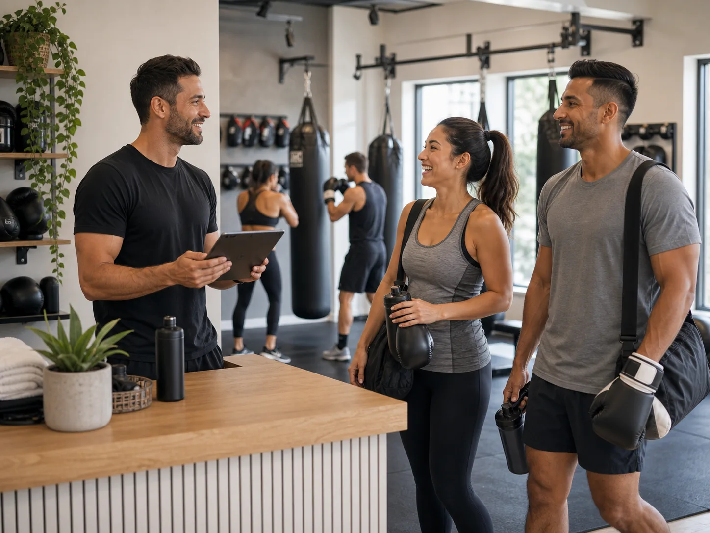 Boxercise coach checking a tablet while greeting clients at reception