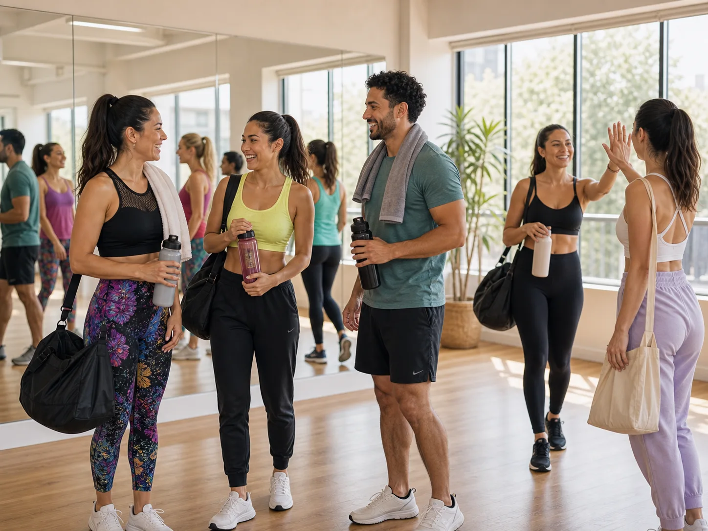 Happy dance fitness clients chatting after class