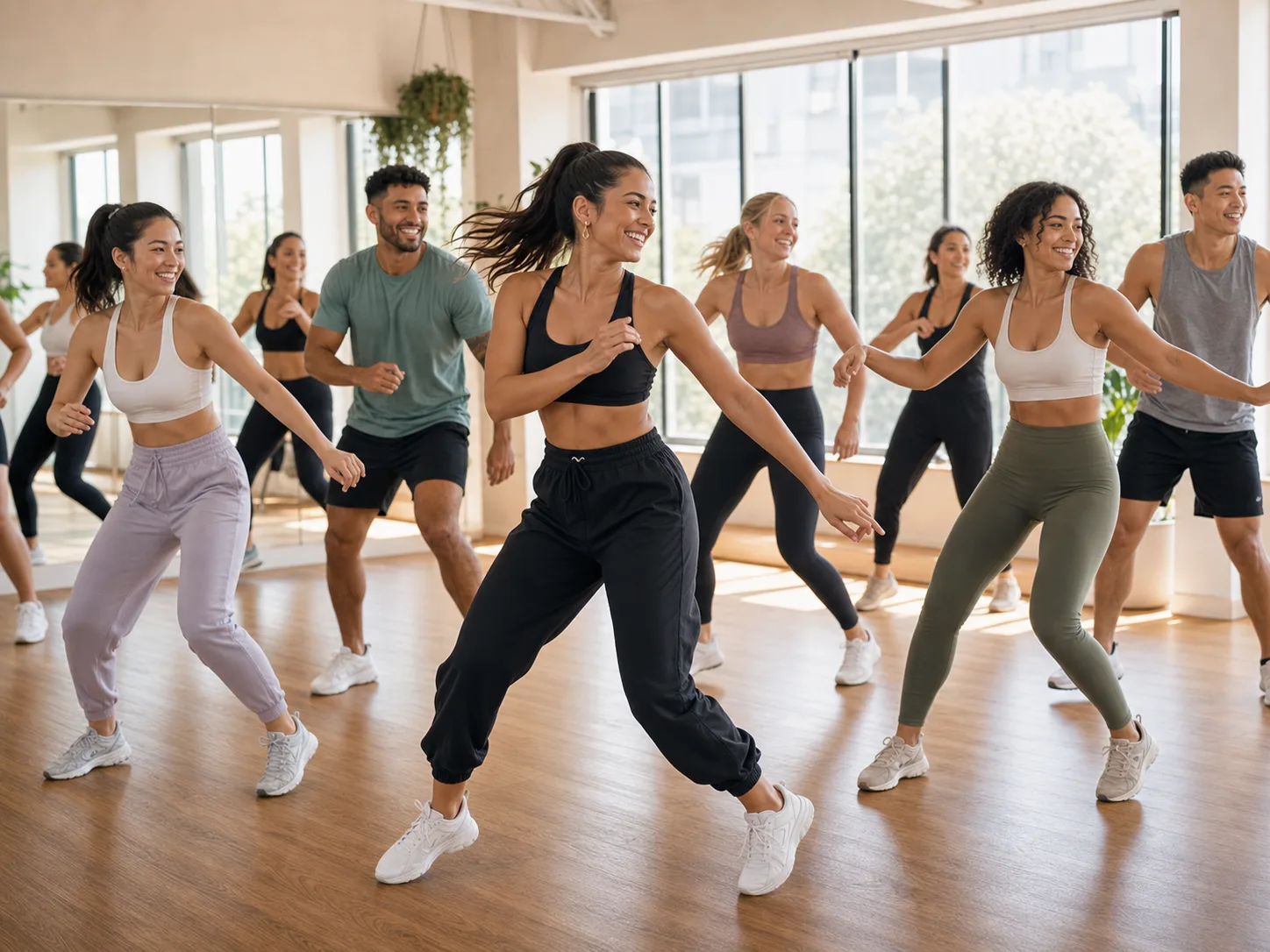 Happy multicultural dance fitness class moving together in a bright Australian studio