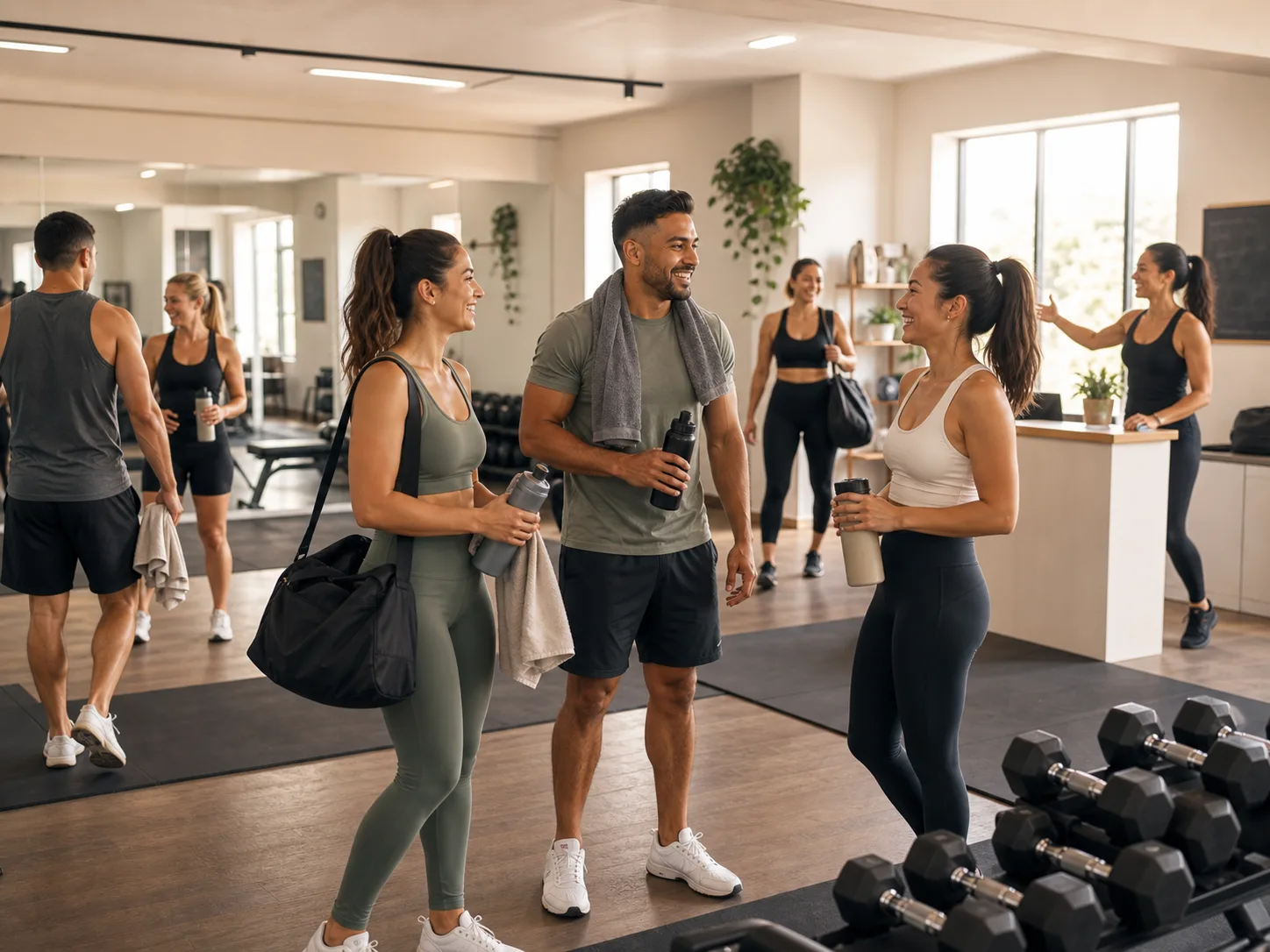 Happy group fitness clients chatting after class