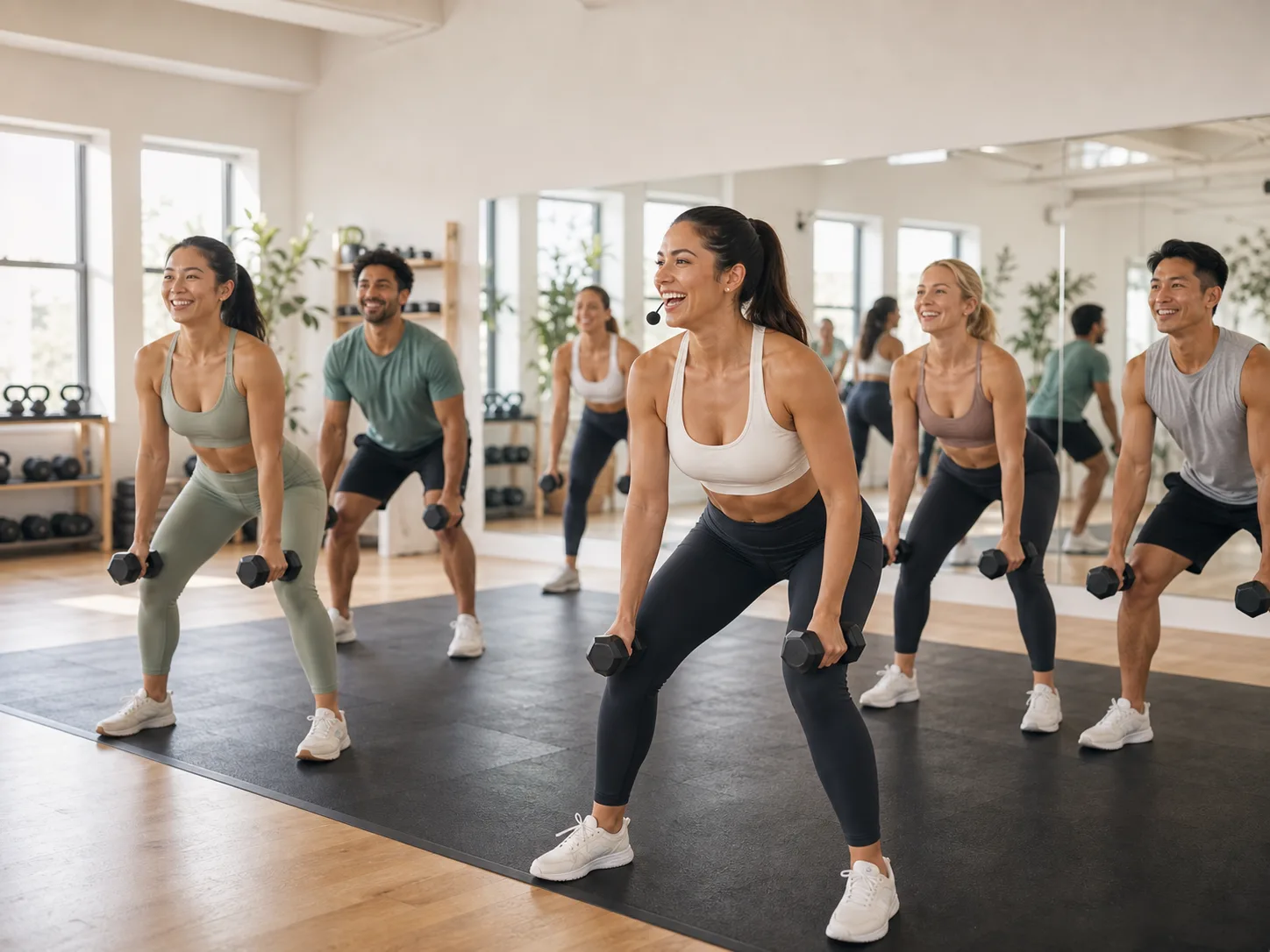 Happy multicultural group fitness class training with dumbbells in a bright Australian studio