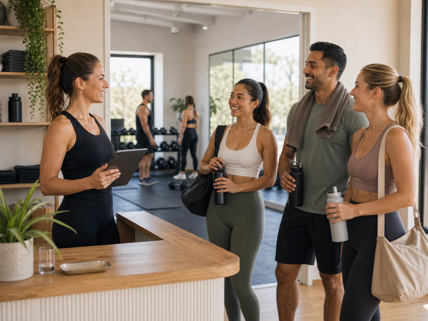 Group fitness instructor checking a tablet while greeting clients at reception