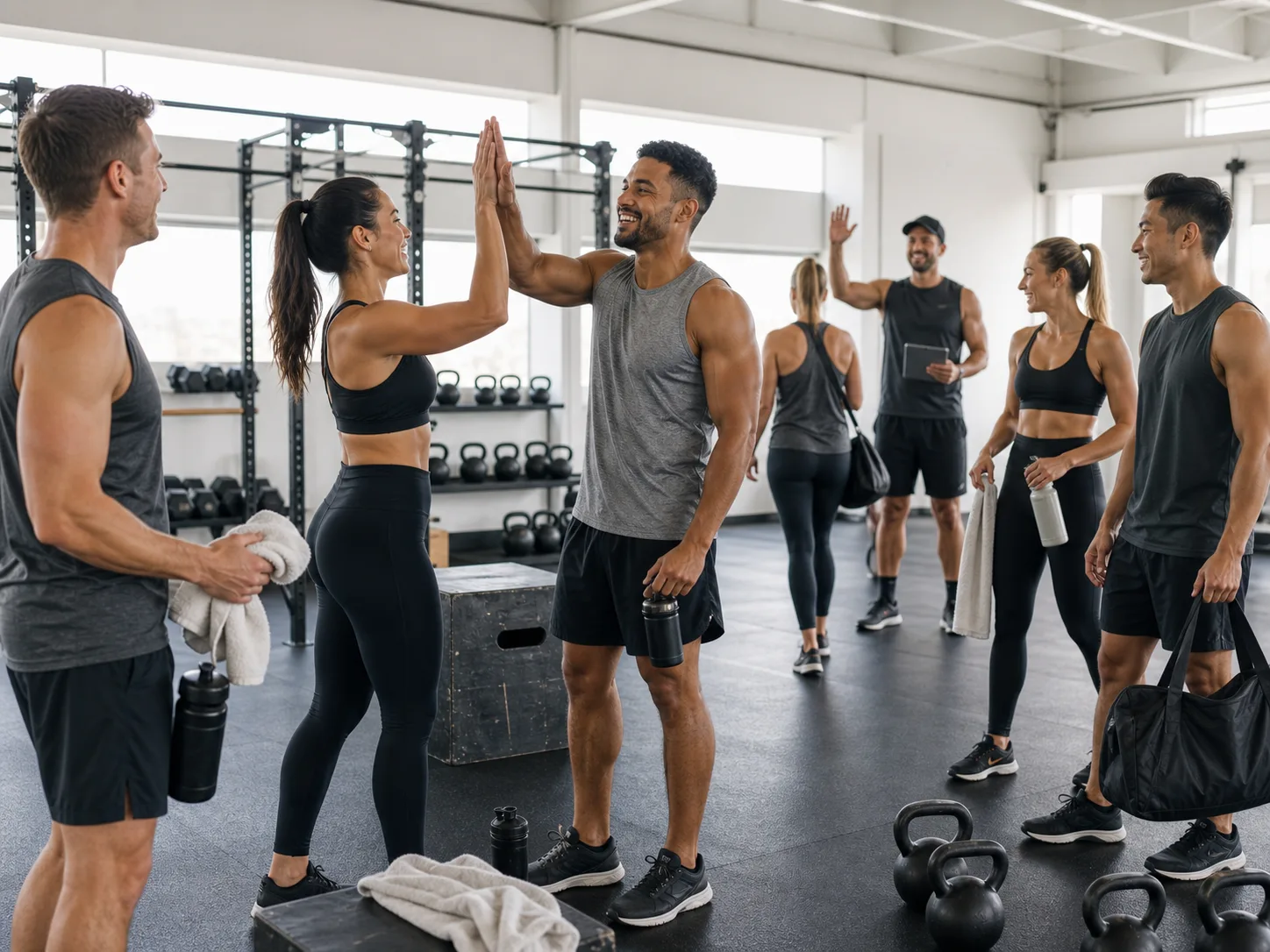 Happy HIIT clients chatting during class changeover