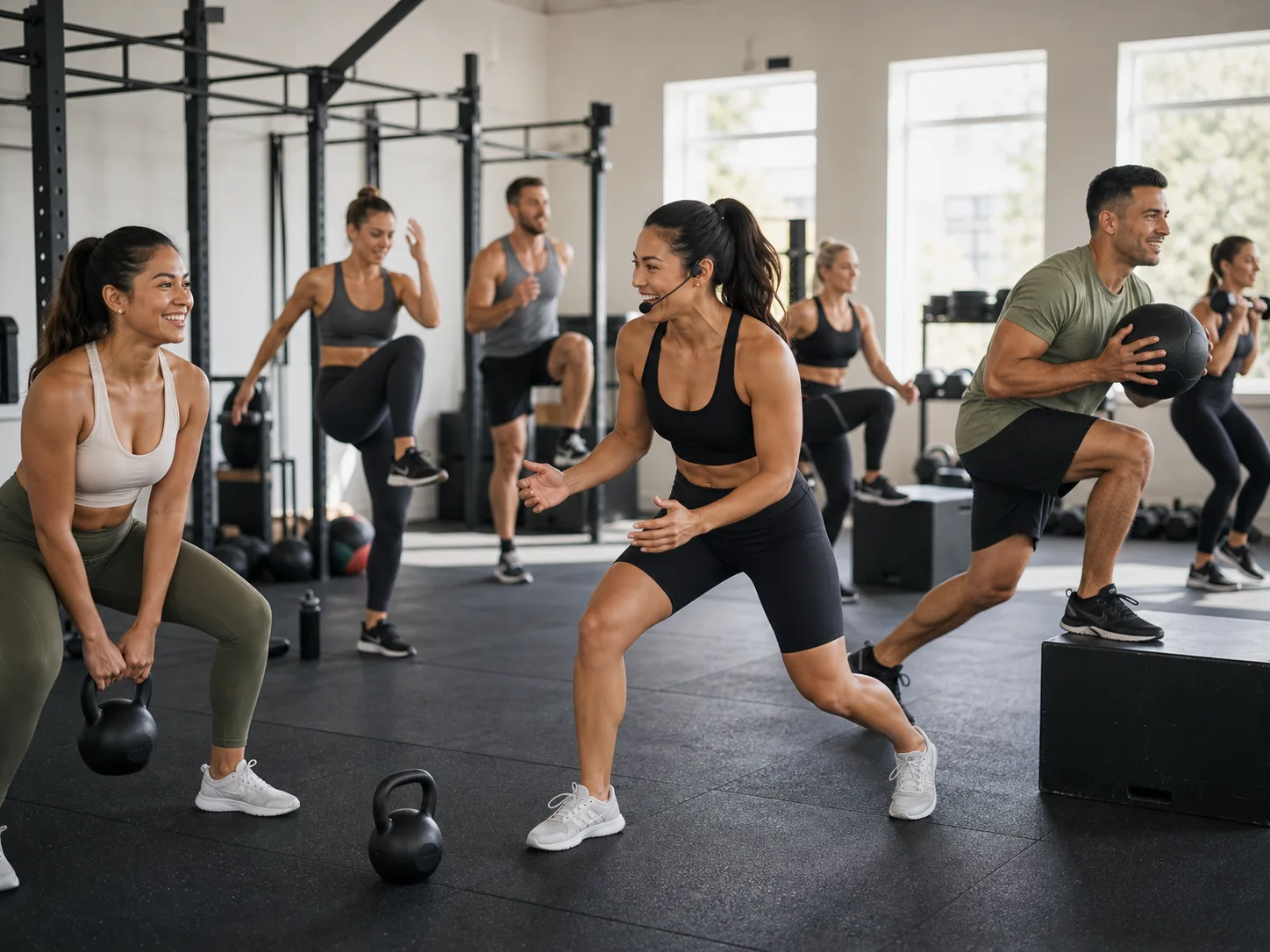 Happy multicultural HIIT class training with kettlebells and plyometric boxes in a bright Australian gym