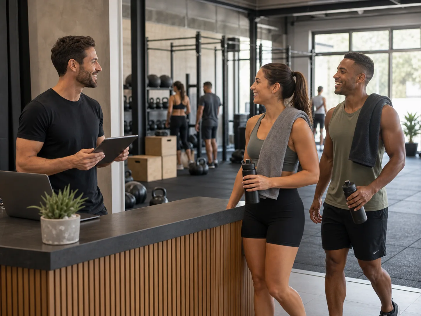 HIIT studio coach checking a tablet while greeting clients at reception