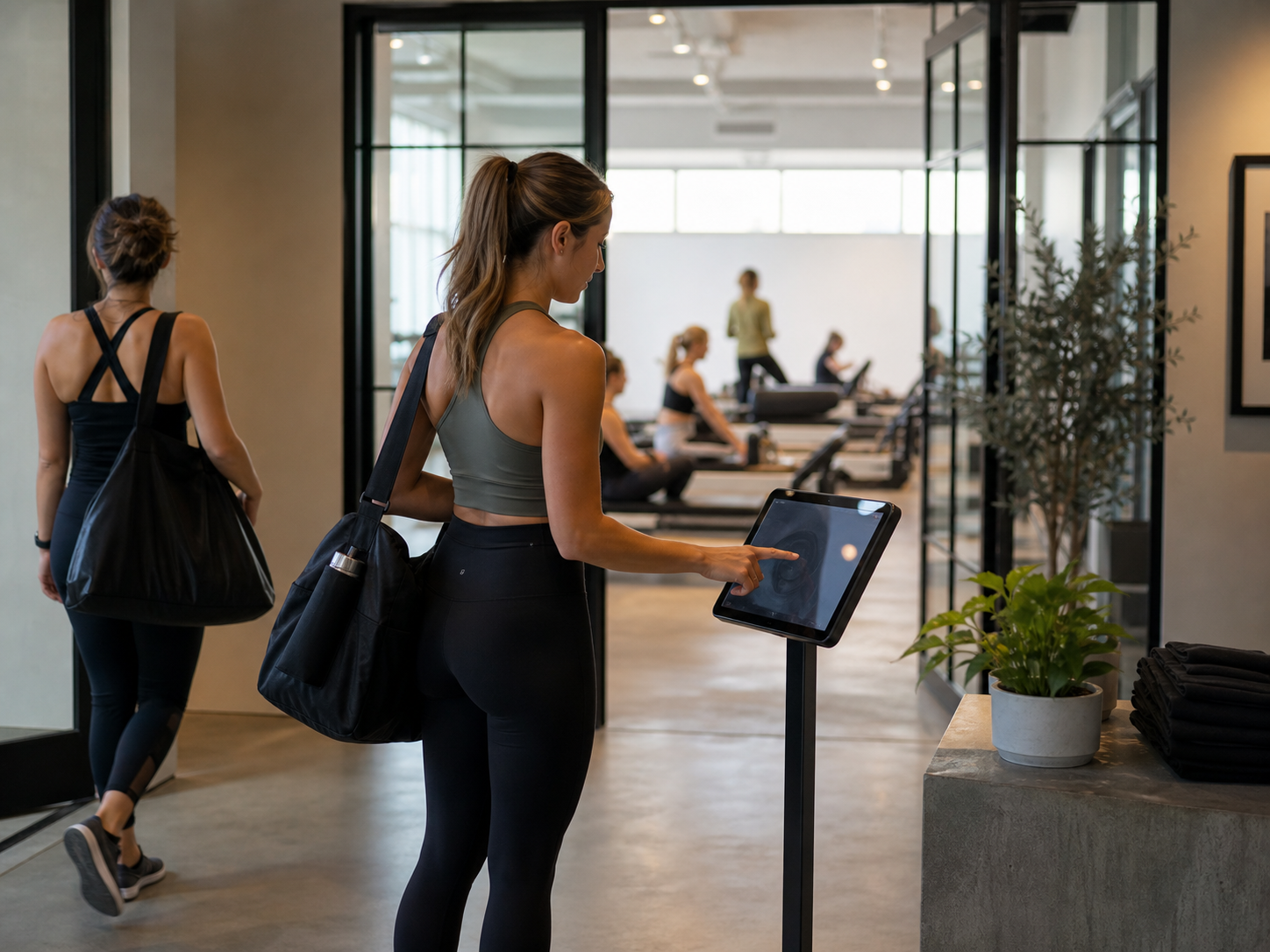 Gym member checking in on a tablet before entering a Pilates studio inside a larger fitness club