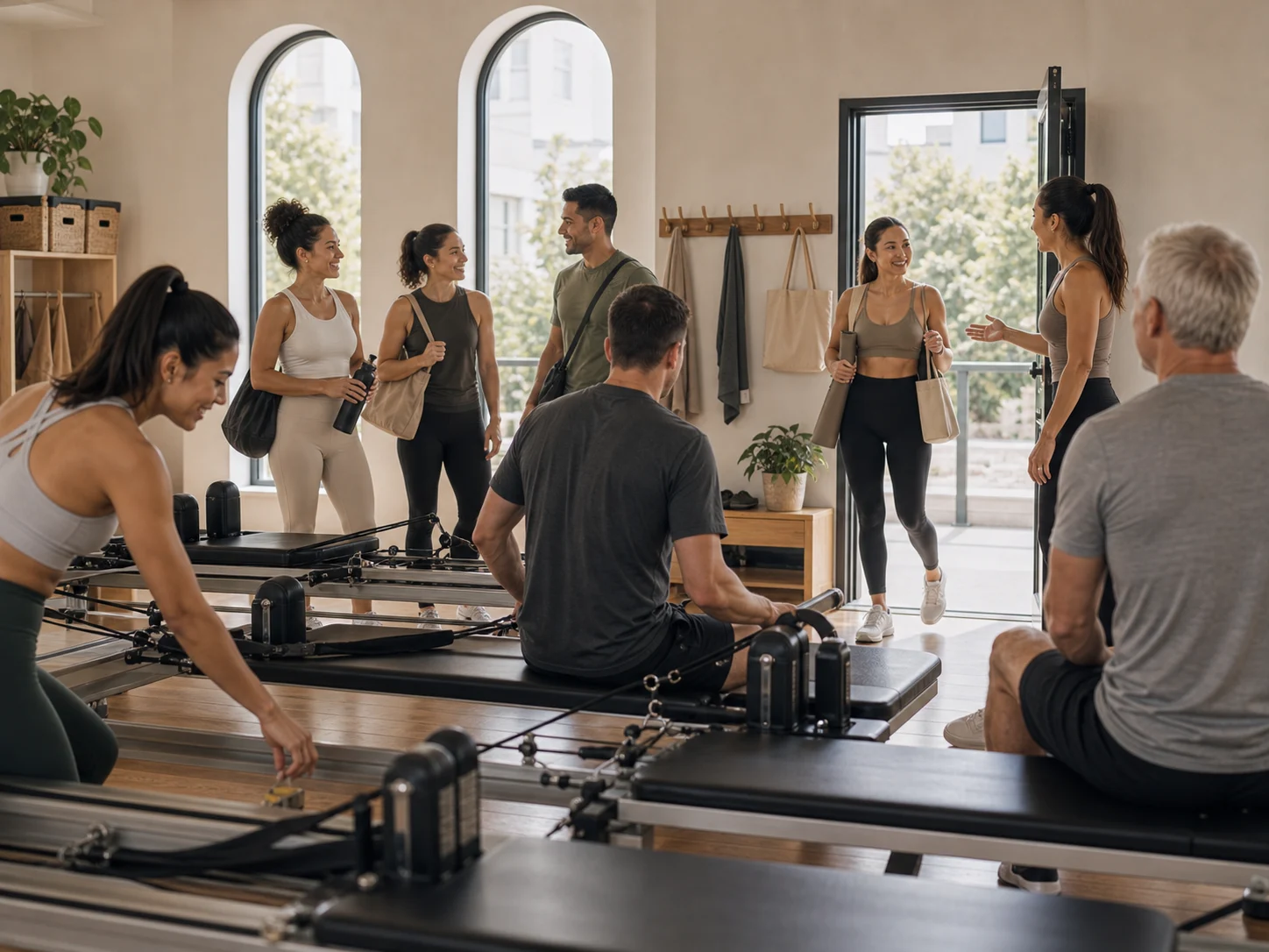 Busy reformer Pilates studio changeover with clients and instructor