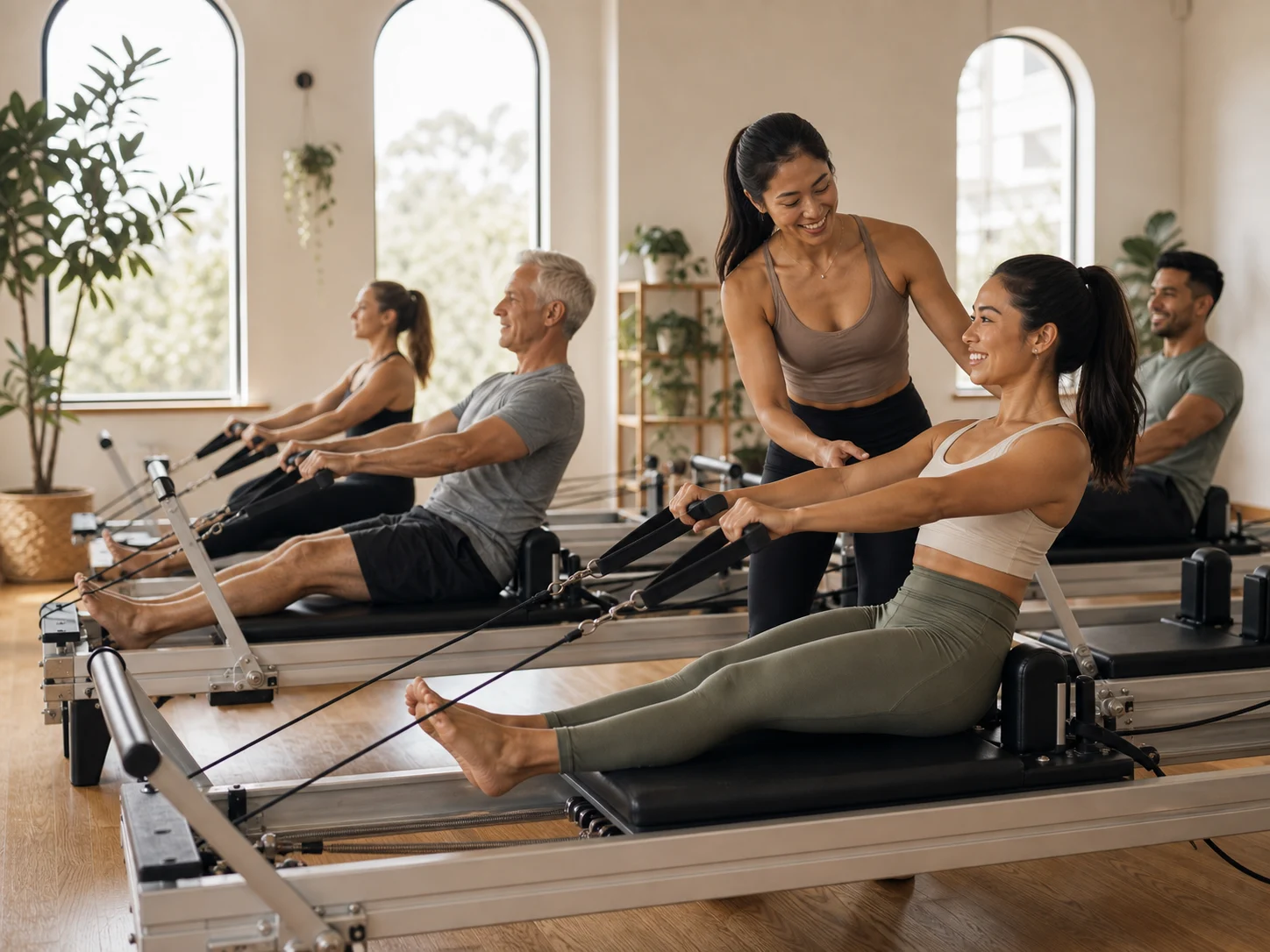 Multicultural Pilates class using reformers in a bright Australian studio