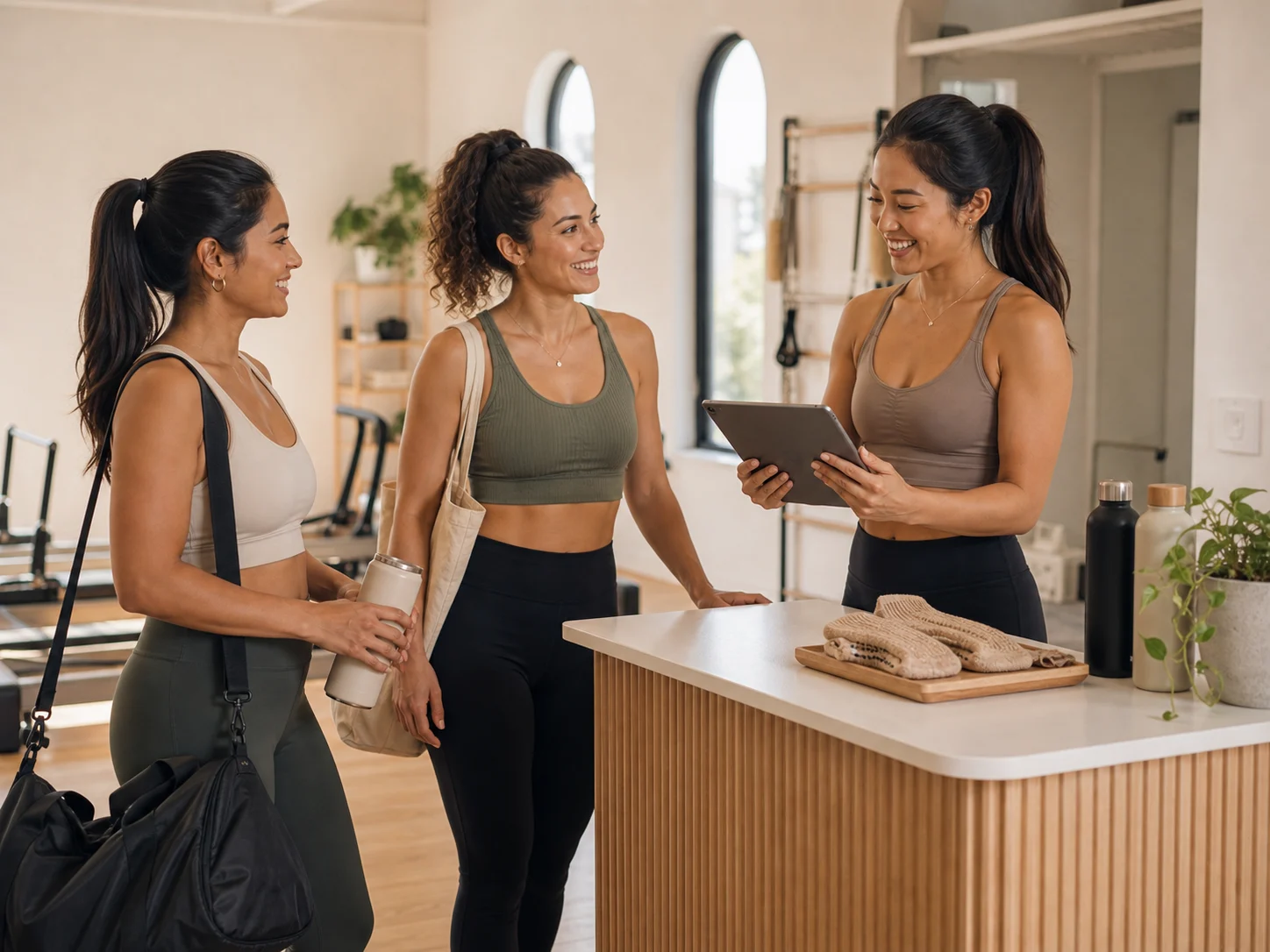 Pilates studio owner checking a tablet while greeting clients
