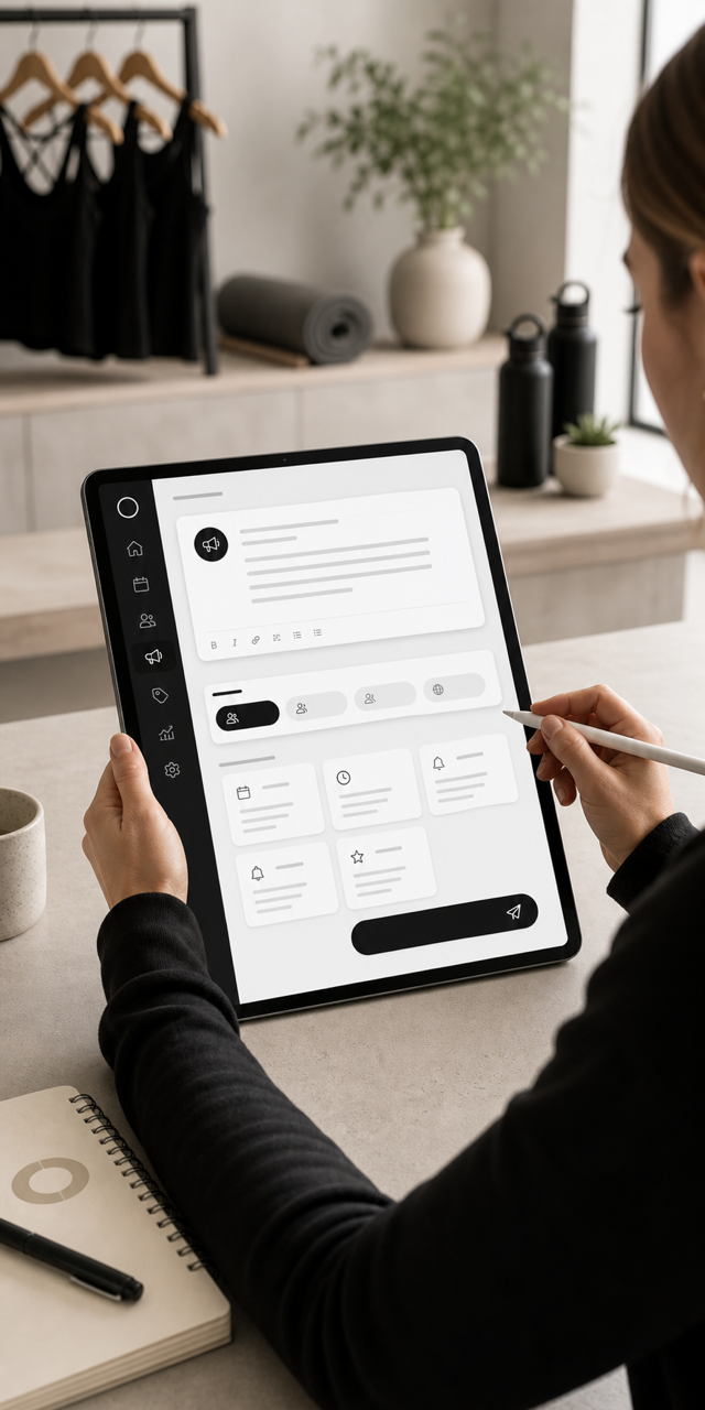 Studio owner composing a client announcement on a tablet