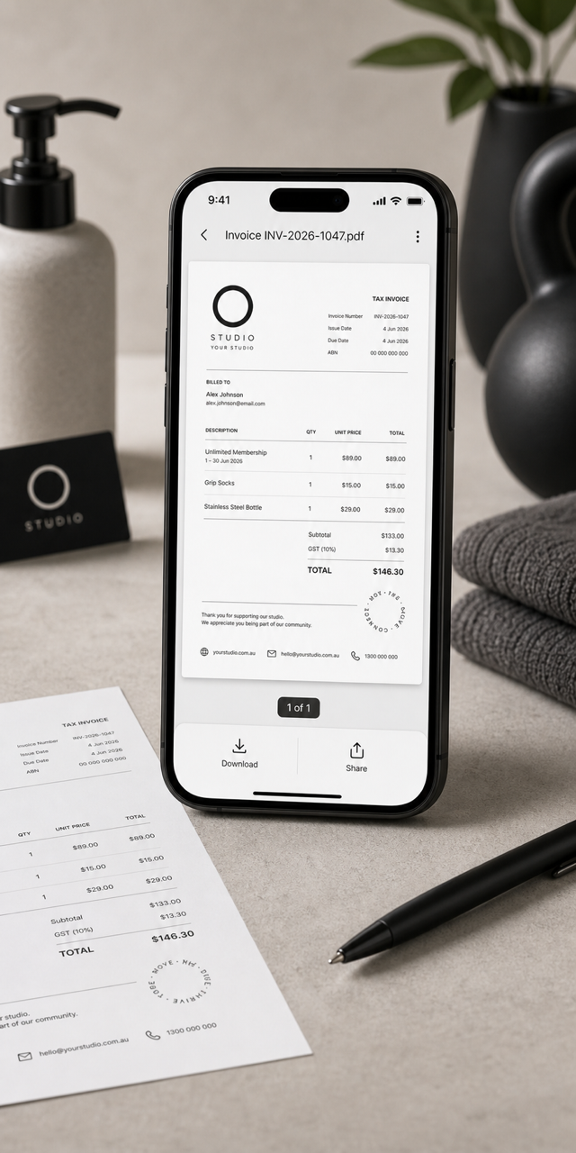 Phone showing a studio-branded PDF invoice