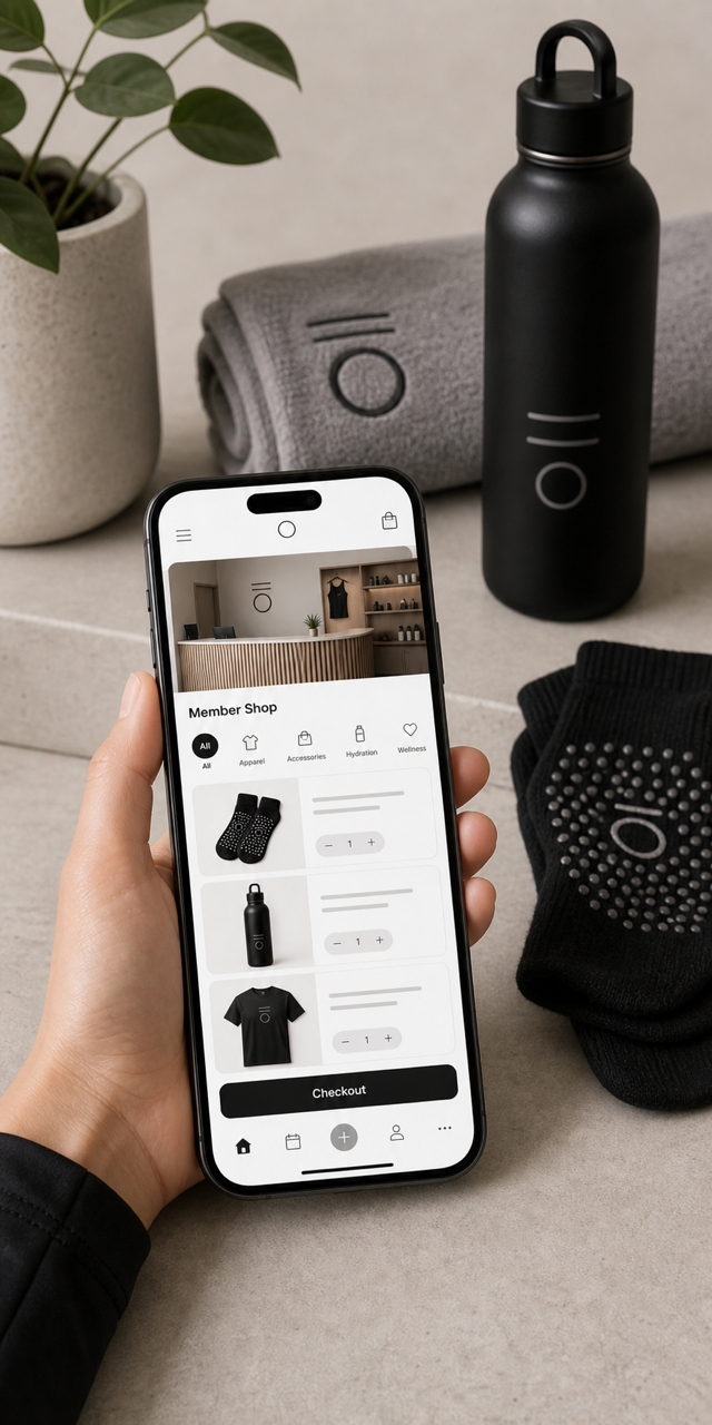 Client buying studio merchandise through the Clovo Member Shop app