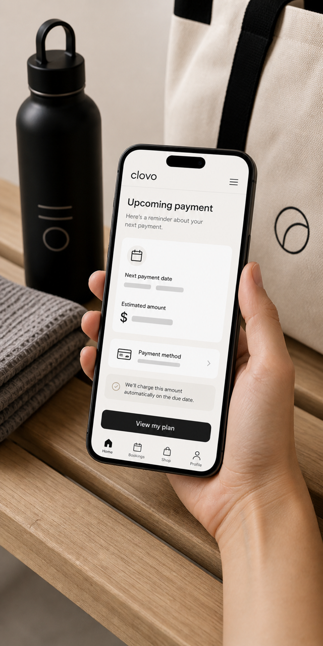 Phone showing an upcoming payment reminder in the Clovo app