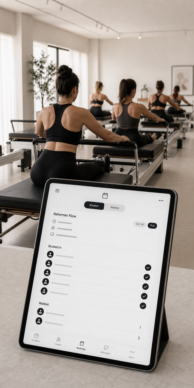 Pilates reformer class with a priority booking roster on a tablet