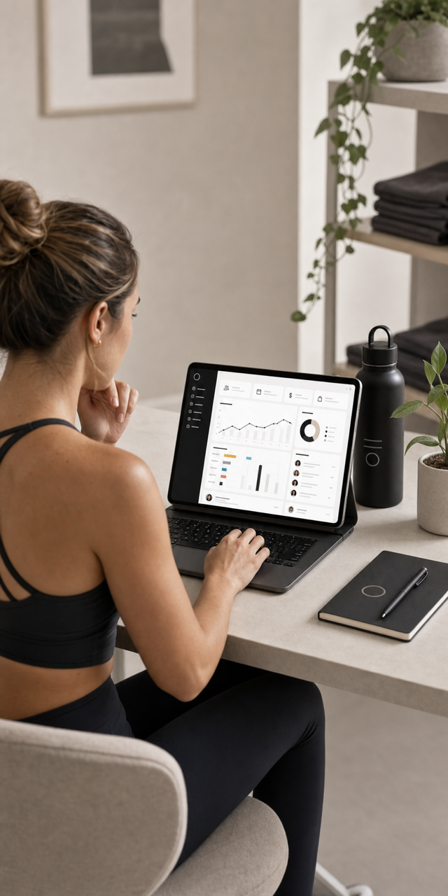 Studio owner reviewing Clovo dashboard reporting charts on a tablet