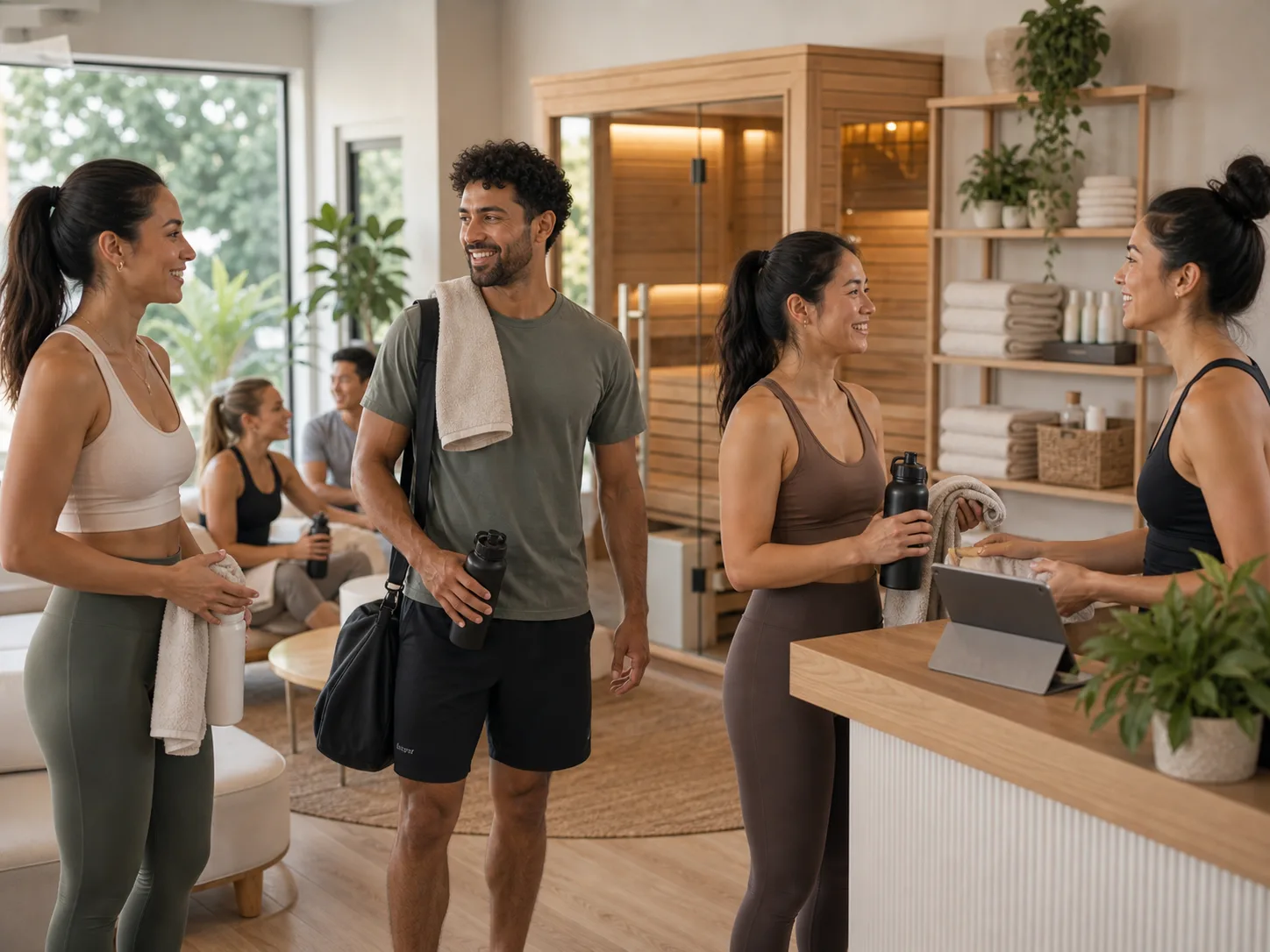 Happy wellness clients chatting after a recovery session