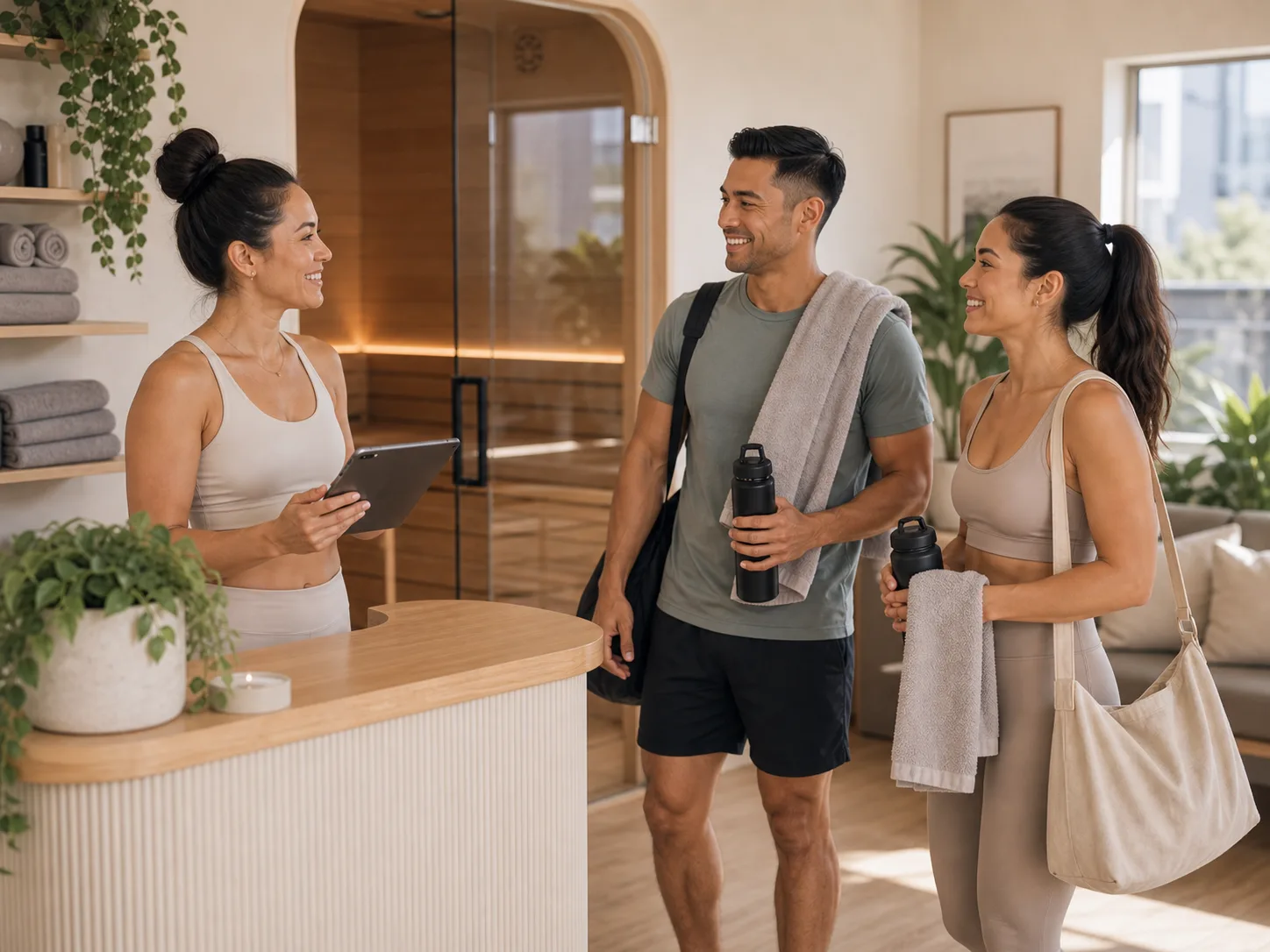 Wellness studio host checking a tablet while greeting recovery clients