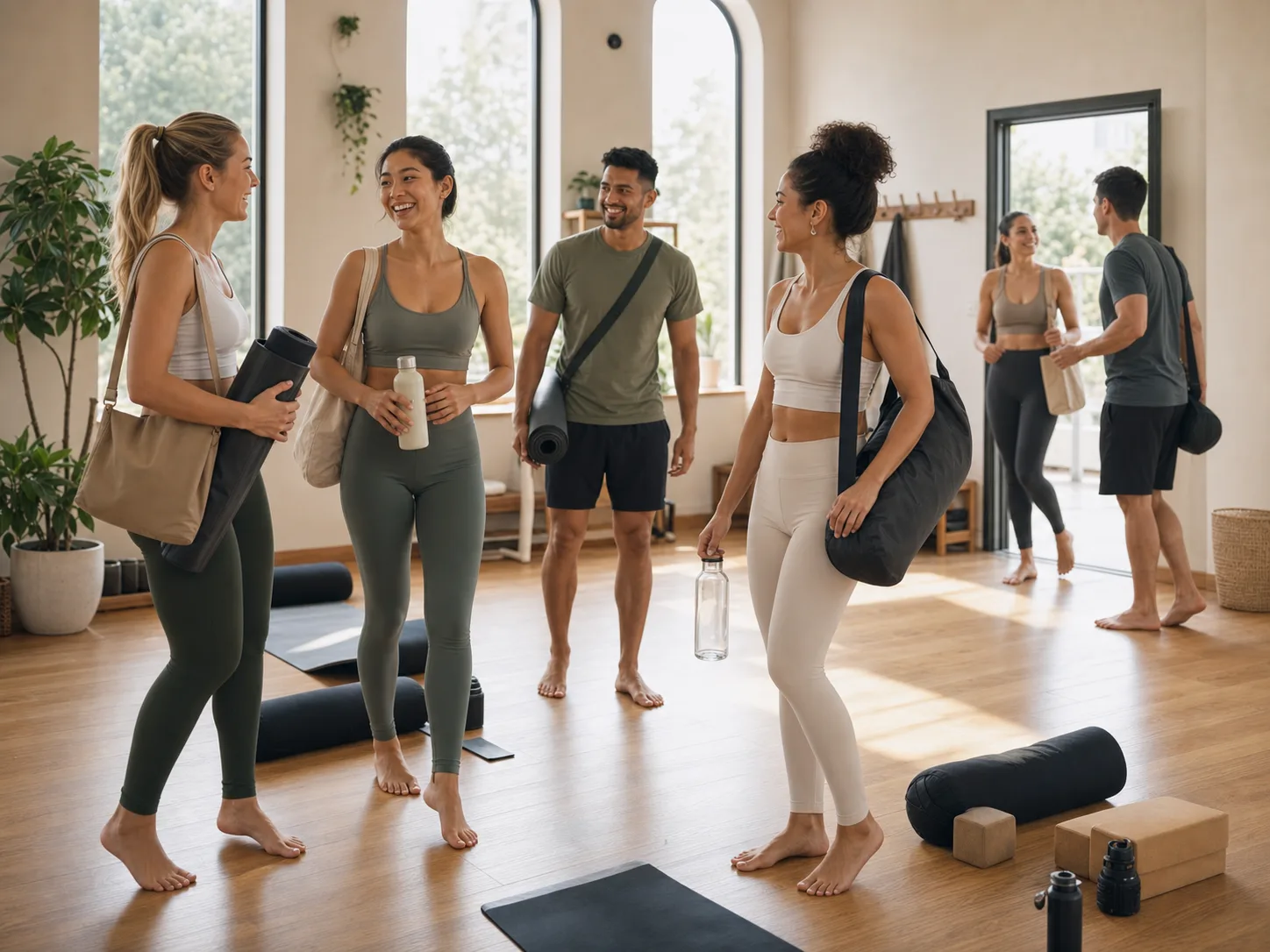 Happy yoga students chatting and rolling mats after class
