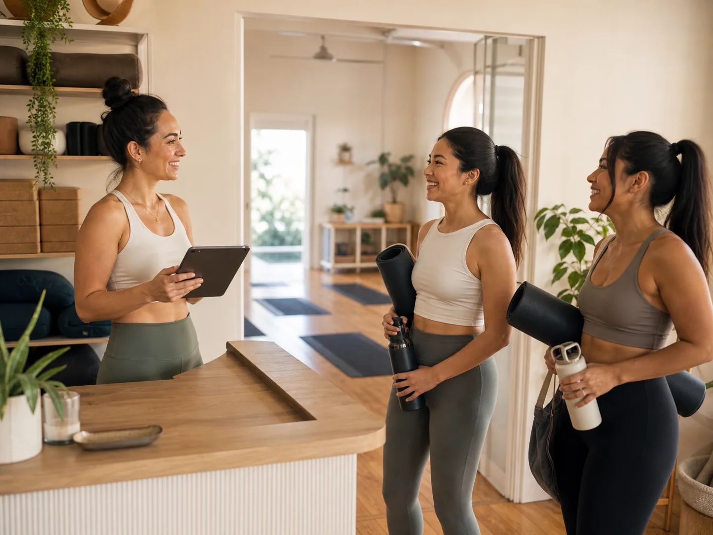Yoga studio owner checking a tablet while greeting students