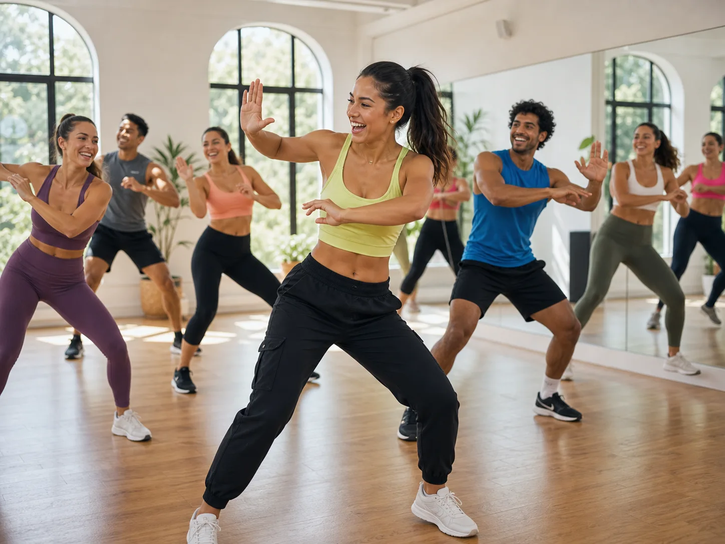 Happy multicultural Zumba class dancing in a bright Australian studio