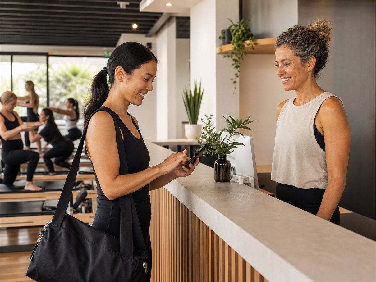 Client booking a class on a phone at an Australian fitness studio reception