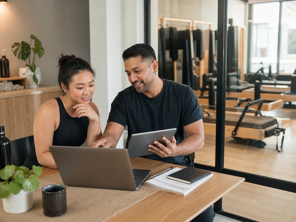 Studio owner adding online bookings to a website from a laptop
