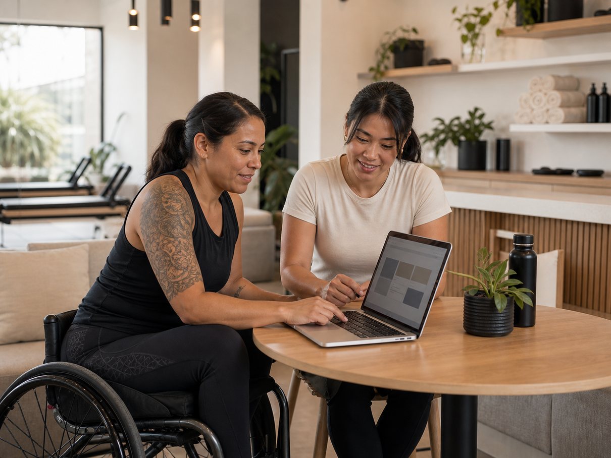 Wheelchair-using studio owner creating membership plans on a laptop