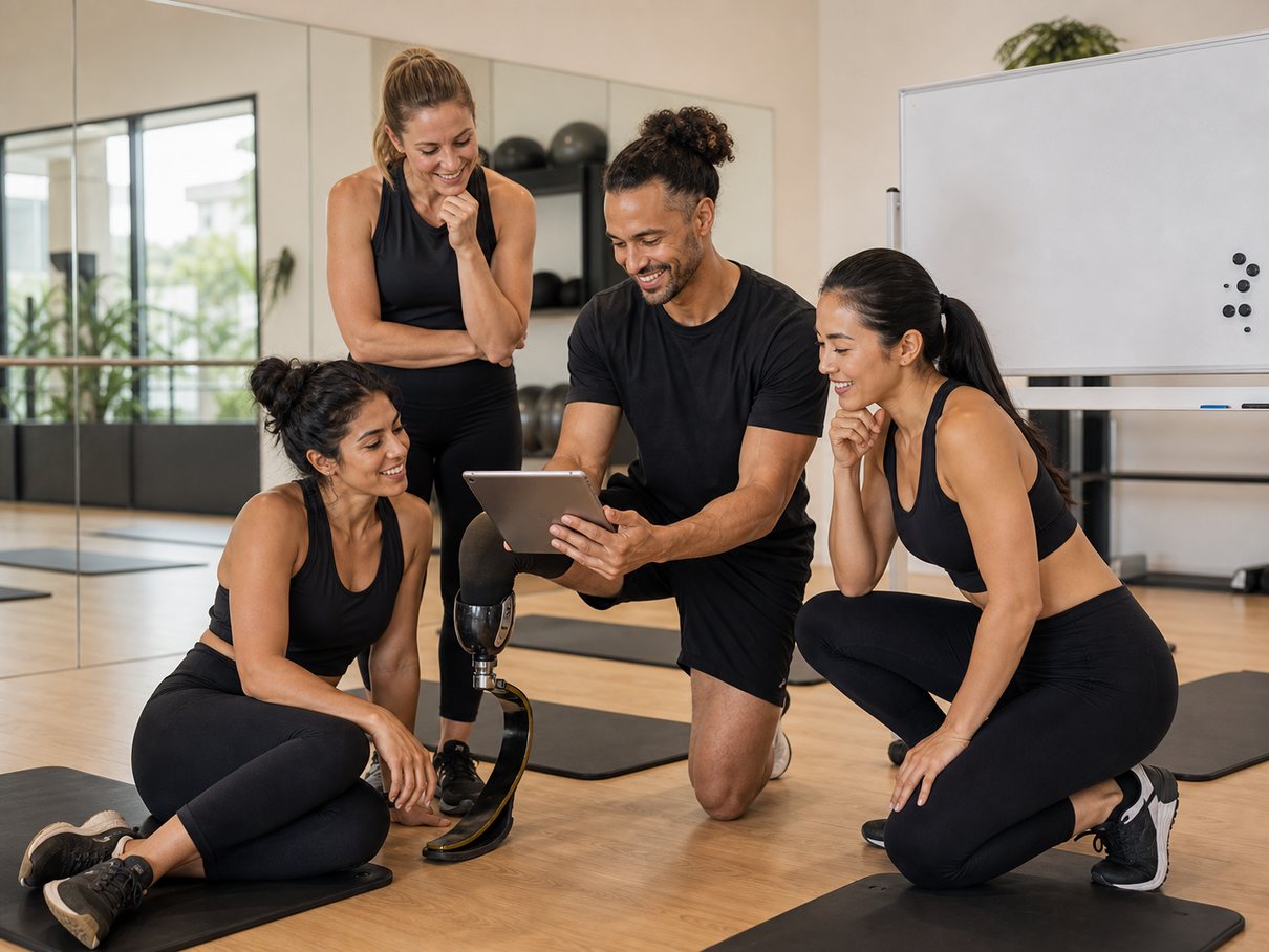 Instructor team planning class types with a prosthetic-leg instructor