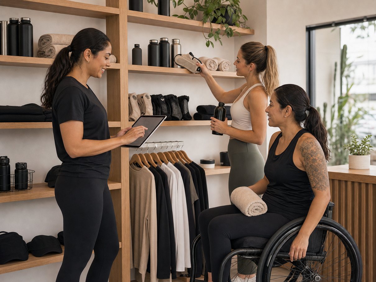 Wheelchair-using client browsing studio merchandise with staff