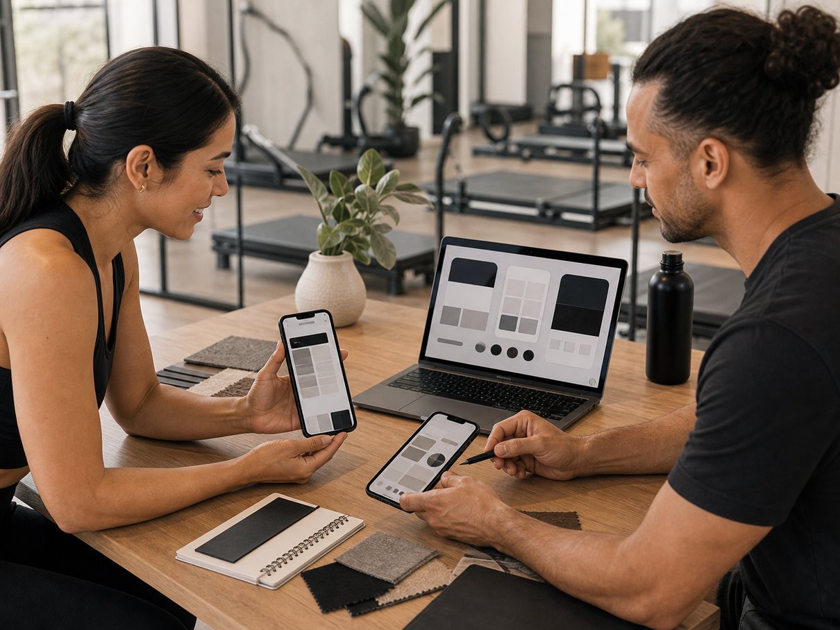 Studio owner reviewing branded app previews on phone and laptop
