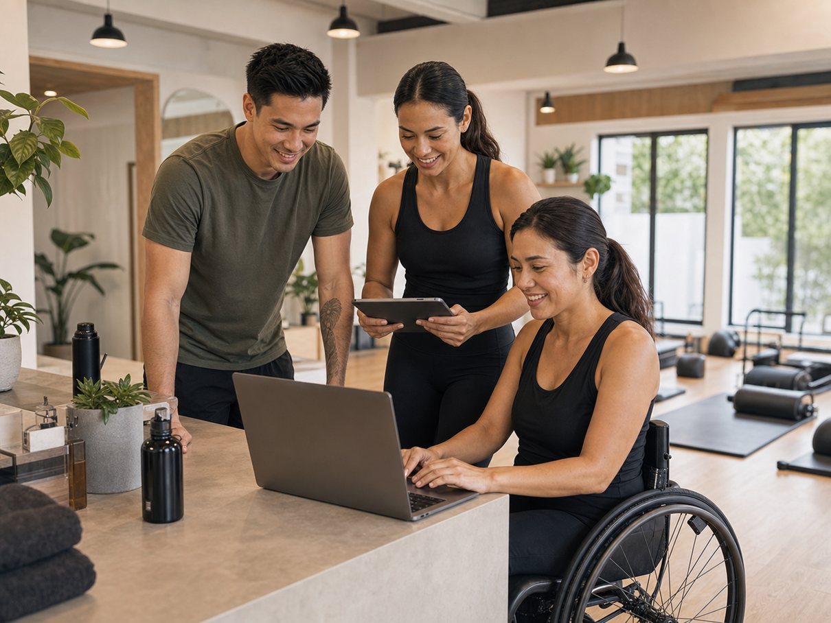 Wheelchair-using studio owner setting up Clovo with team