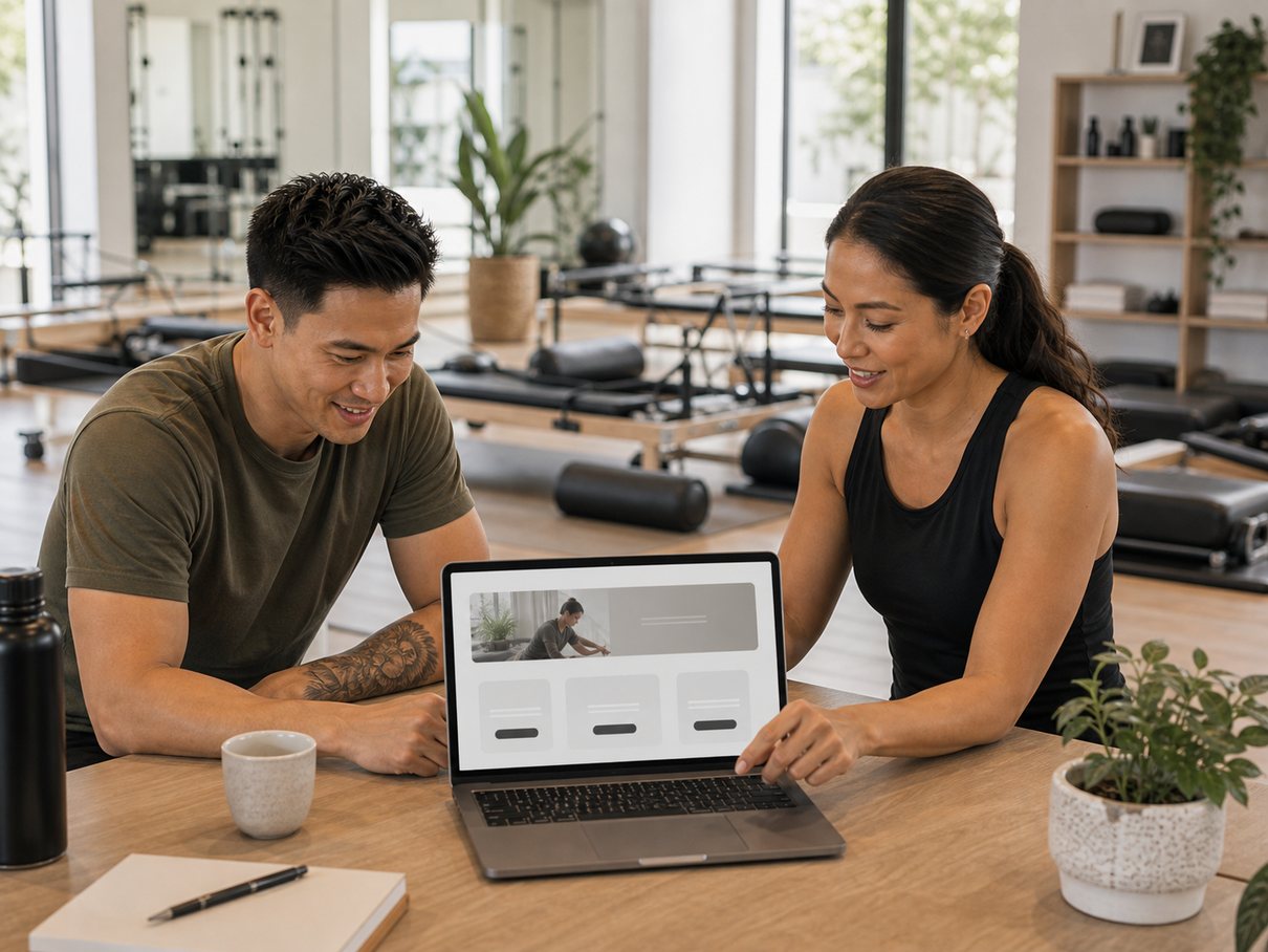Studio owner reviewing an online booking landing page on a laptop