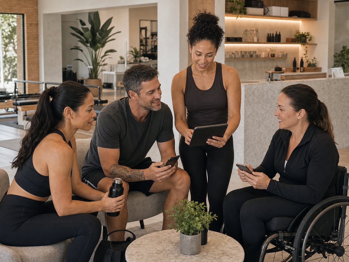 Members discussing priority booking with a studio owner