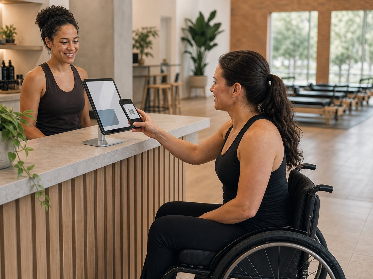 Wheelchair-using client scanning into a front desk kiosk