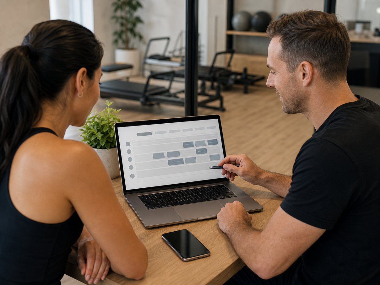 Studio owner reviewing a live timetable on a laptop