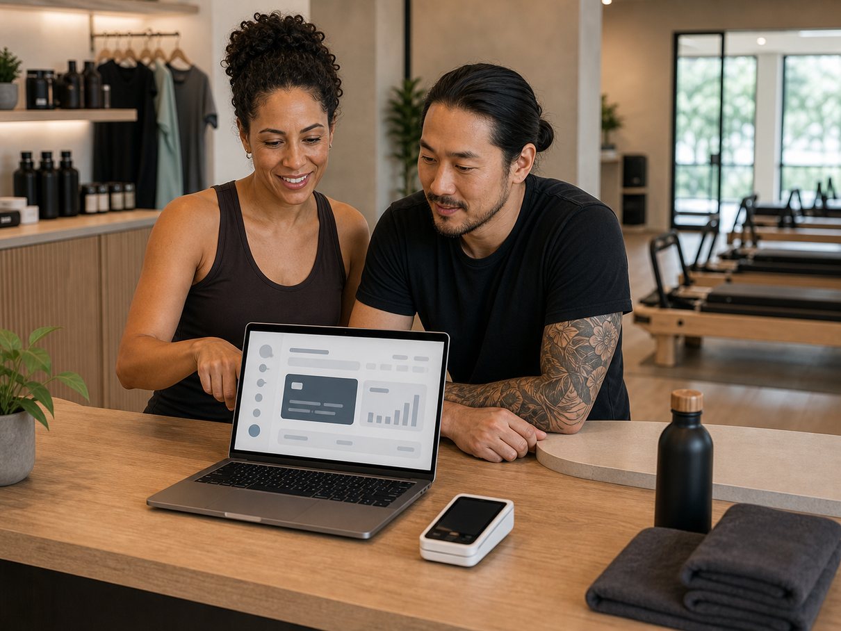 Studio owner setting up online payments on a laptop