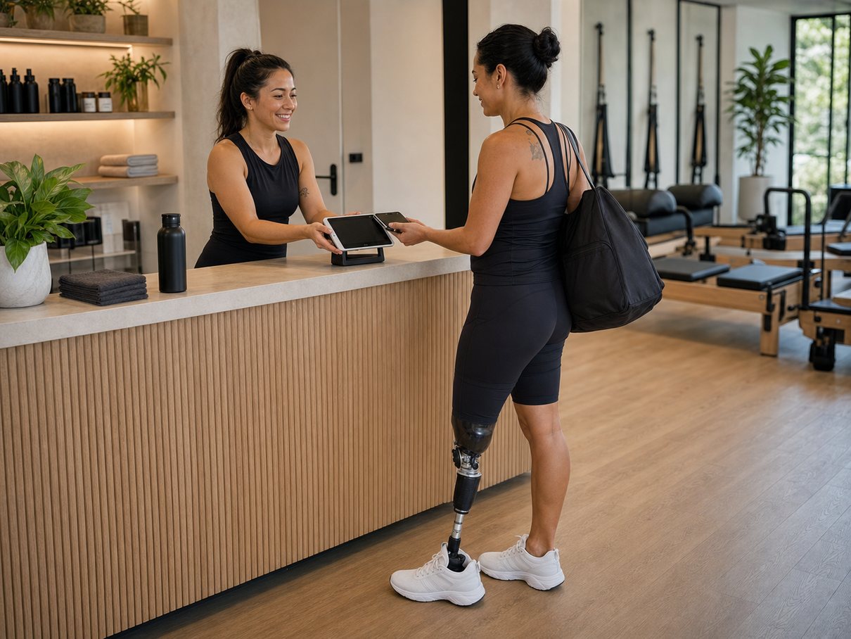 Client with a prosthetic leg making a point-of-sale payment at reception