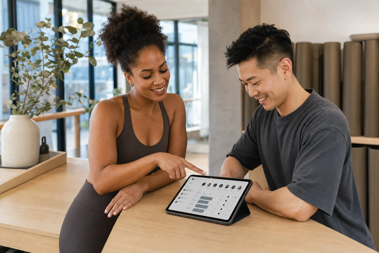 Two studio instructors reviewing Clovo class bookings and admin actions on an iPad at reception