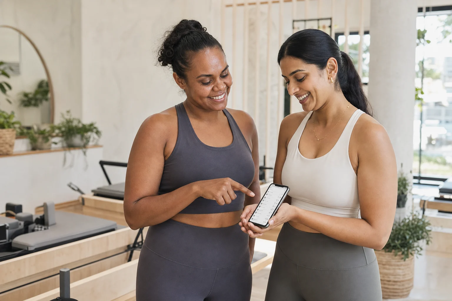 Two multicultural Australian Pilates instructors reviewing the Clovo admin app together on a phone