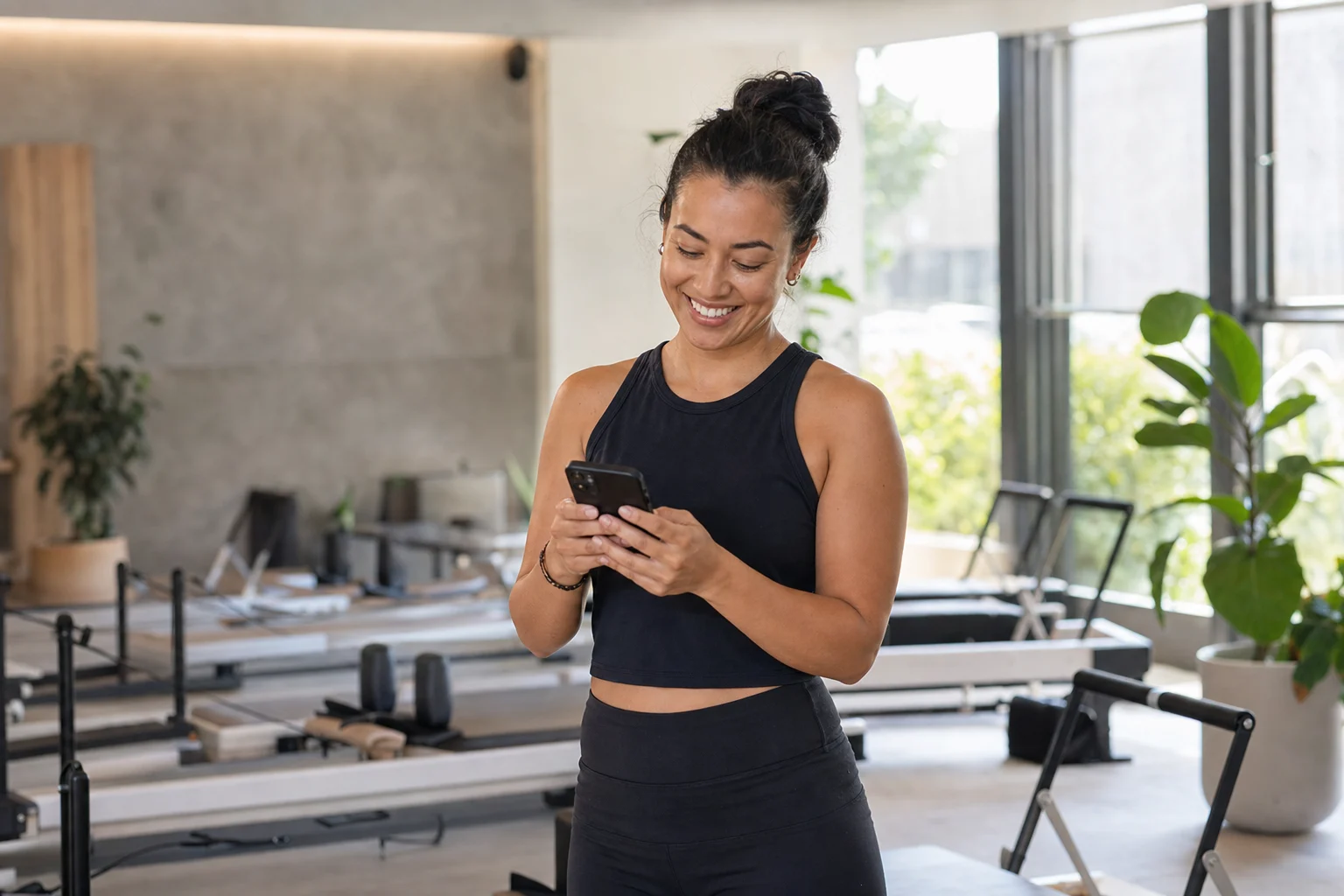 A smiling fitness studio staff member using her phone beside Pilates reformers